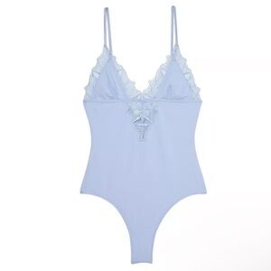 FLEUR DU MAL LILY EMBROIDERED LACE V NECK PLUNGE BODYSUIT TANK LIGHT BLUE XS